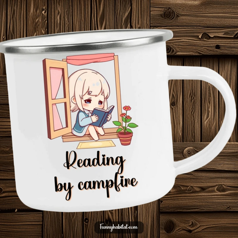 Funny character reading a book by a window on a camping mug, perfect for outdoor enthusiasts who love literature and humor.