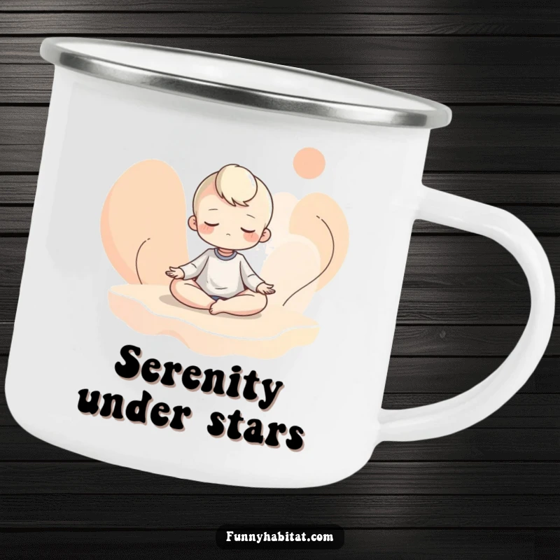 Funny camping mug featuring a character meditating amongst abstract shapes, ideal for calm and humorous outdoor refreshment.