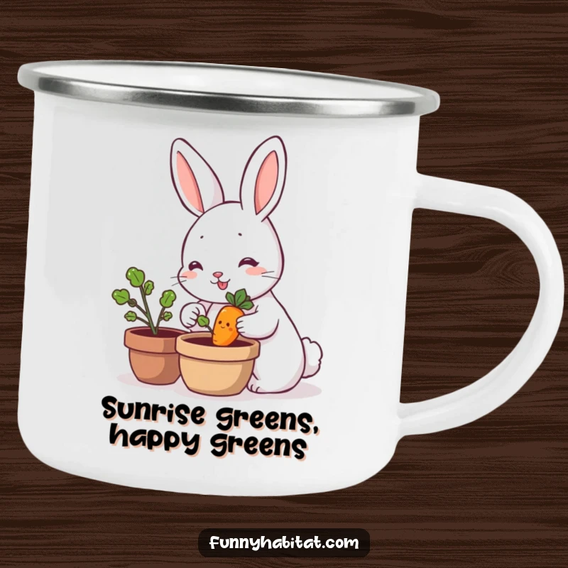 Funny rabbit character watering a smiling carrot plant, a durable and humorous enamel camping mug for outdoor lovers.