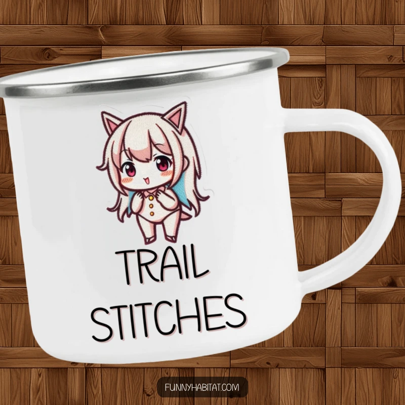 Funny camping mug with a character focused on intricate embroidery, perfect for crafters who love the outdoors.
