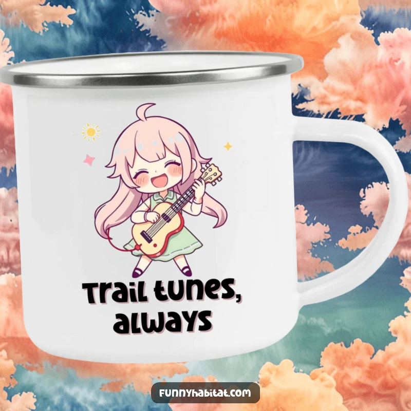 Funny camping mug showing a character enthusiastically playing a musical instrument, perfect for outdoor adventures and music lovers.