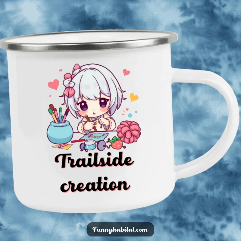 Funny camping mug featuring a character working on a colorful craft project, designed for creative souls who enjoy the outdoors.