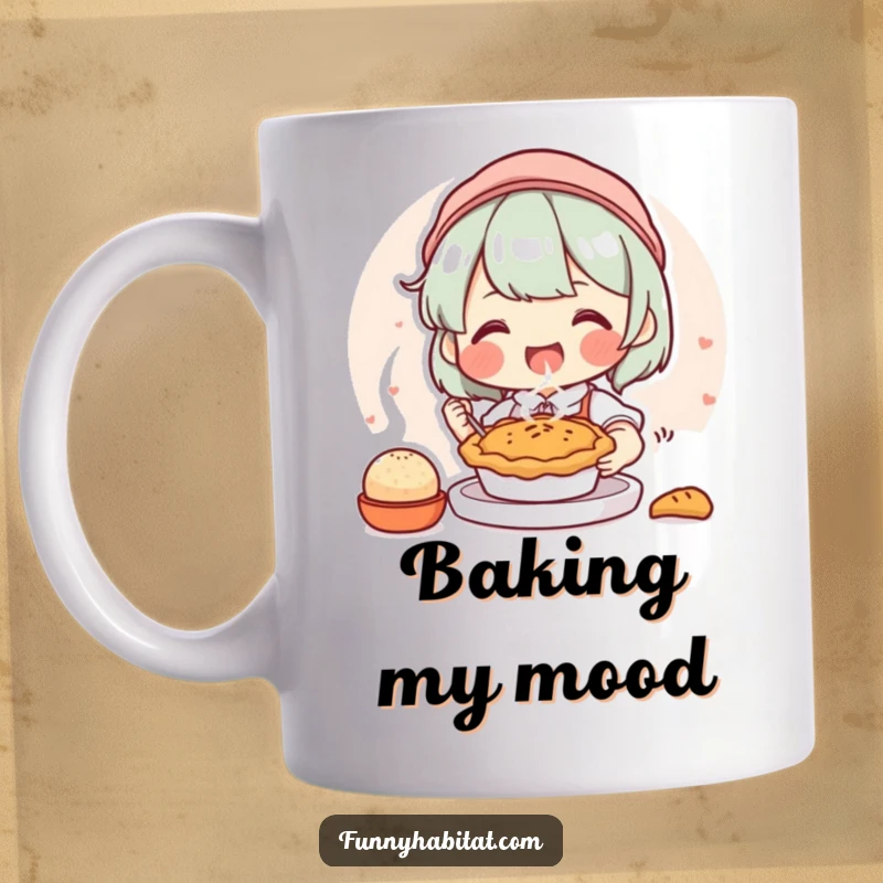 Funny mug with a joyful character happily baking a small, steaming pie, celebrating the warmth and delight of baking.