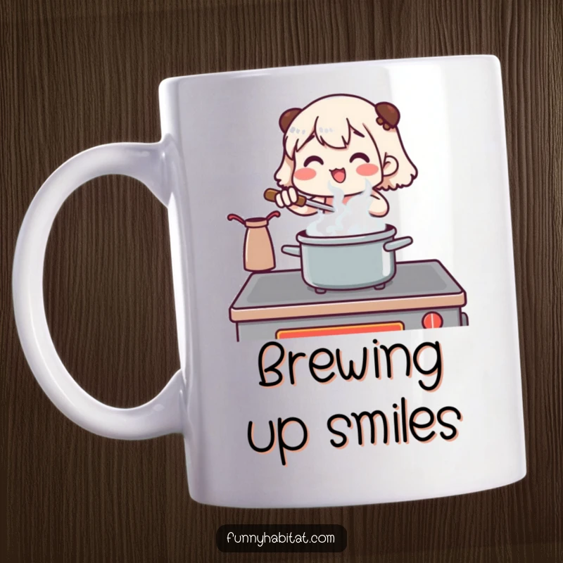 Funny mug with a character happily stirring a pot on a stove, steam rising, illustrating culinary joy and humor.
