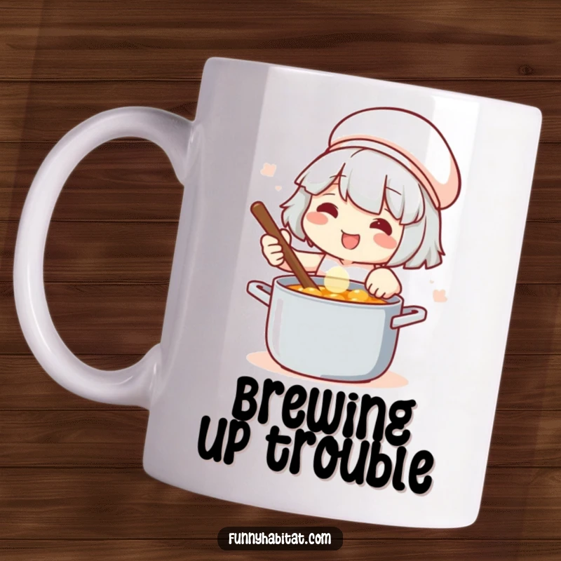 Funny mug featuring a happy chef stirring a pot with a look of deep satisfaction while cooking.
