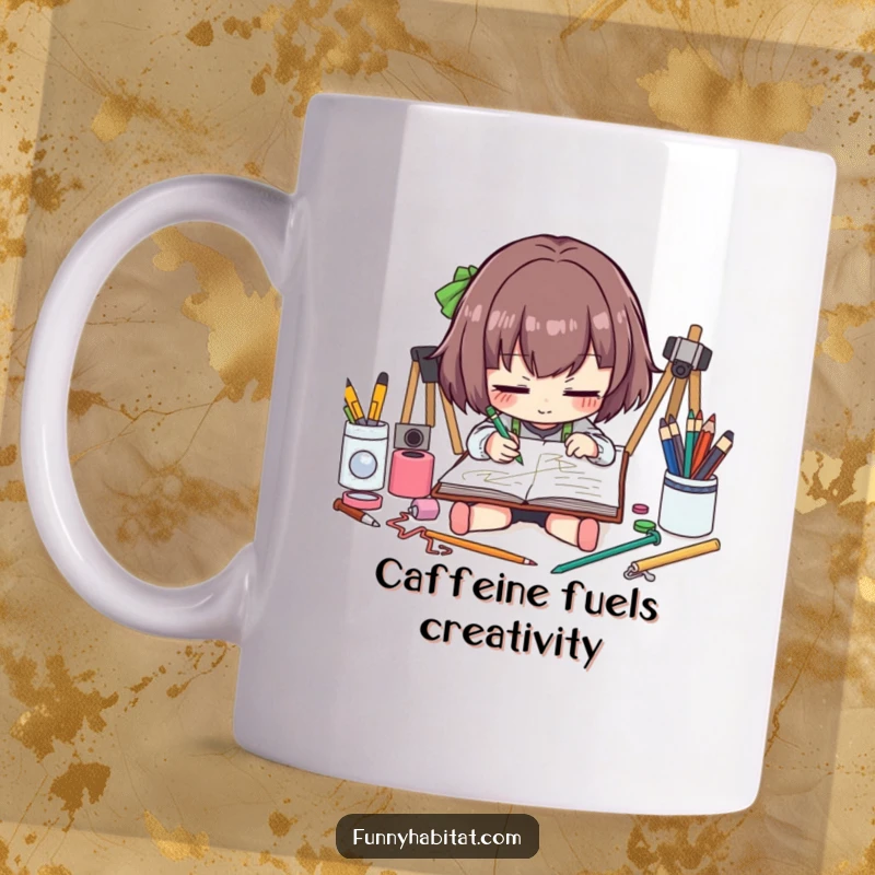 Funny artist mug featuring a focused character sketching in a notepad surrounded by pencils and paints, celebrating creativity and art.
