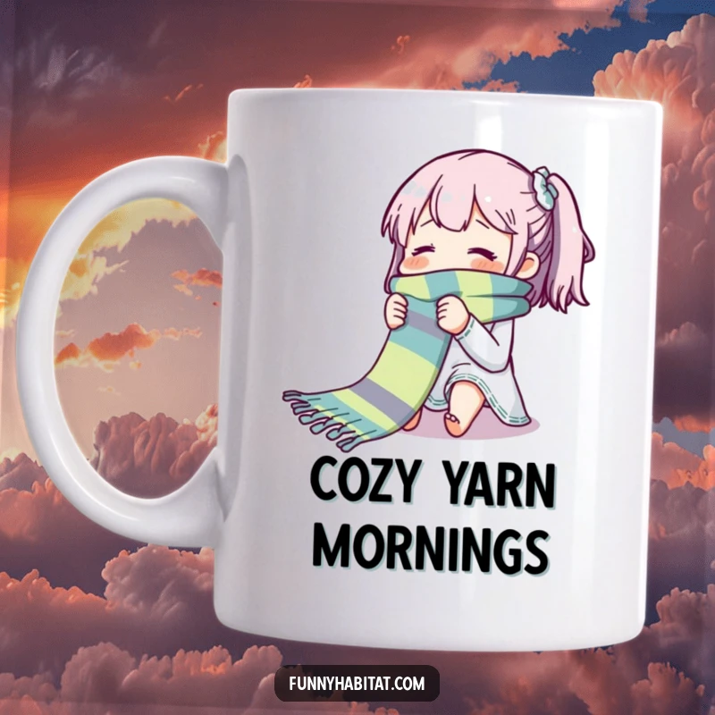 Funny mug of a character blissfully knitting a long, colorful scarf, showcasing contentment and creative focus.