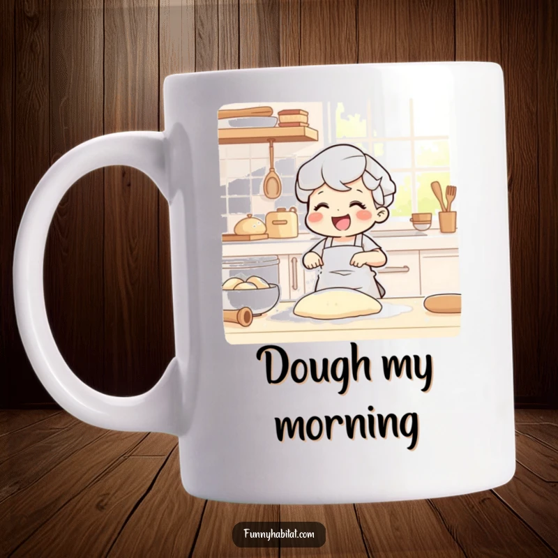 Funny mug showing a joyful character happily kneading dough in a sunlit kitchen, covered in flour.