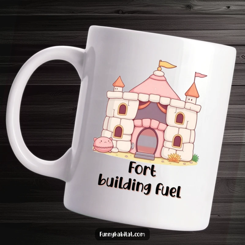 Funny Mug showing a happy character building a fort out of soft cushions, embodying playful imagination and cozy fun.