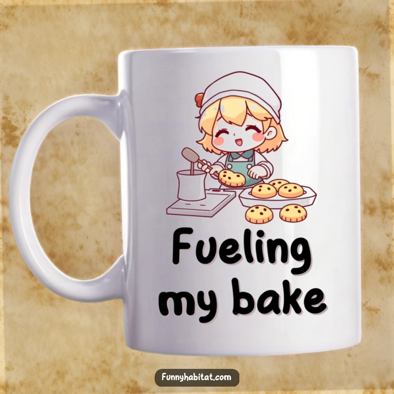 Funny mug with a character happily baking cookies, with a tray full of freshly baked treats visible nearby.