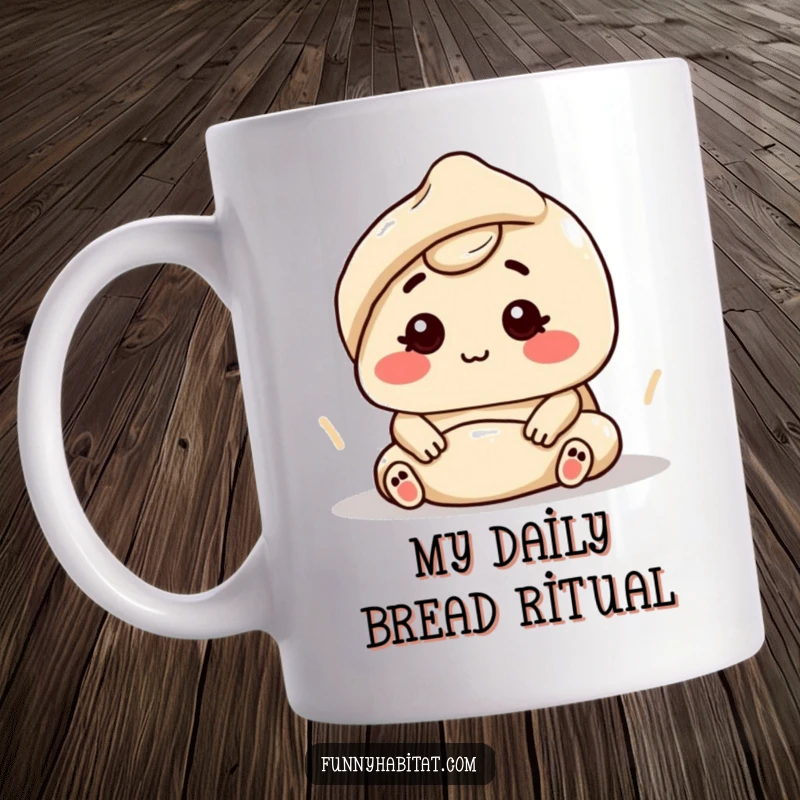 Funny character with a contented expression, focused on kneading dough, on a baking mug.
