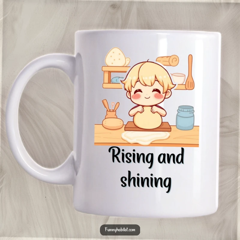 Funny Mug: Cheerful character happily kneading dough on a wooden counter, a baker's delight.