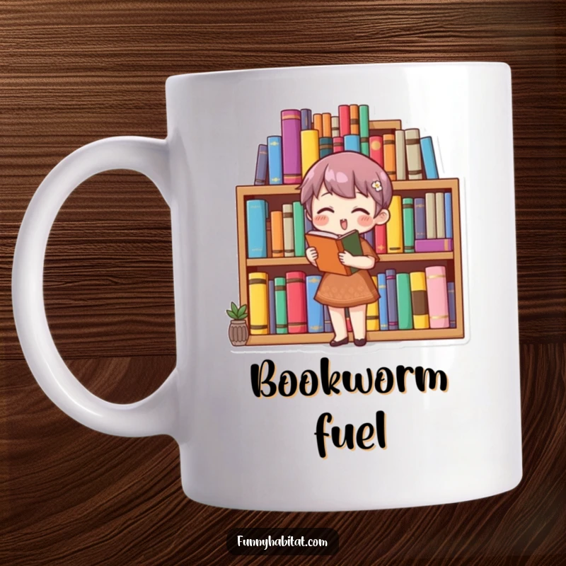 Funny book lover mug featuring a character happily organizing a vibrant, colorful bookshelf, celebrating reading and neatness.