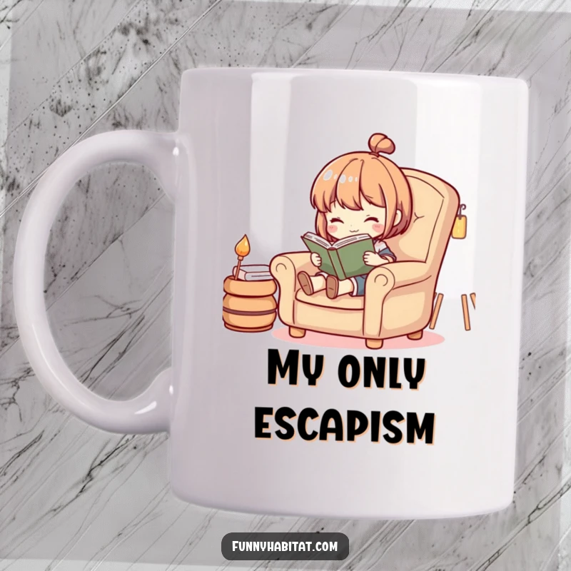 Funny mug featuring a character lost in a book, seated in a comfortable armchair, enjoying quiet reading time.