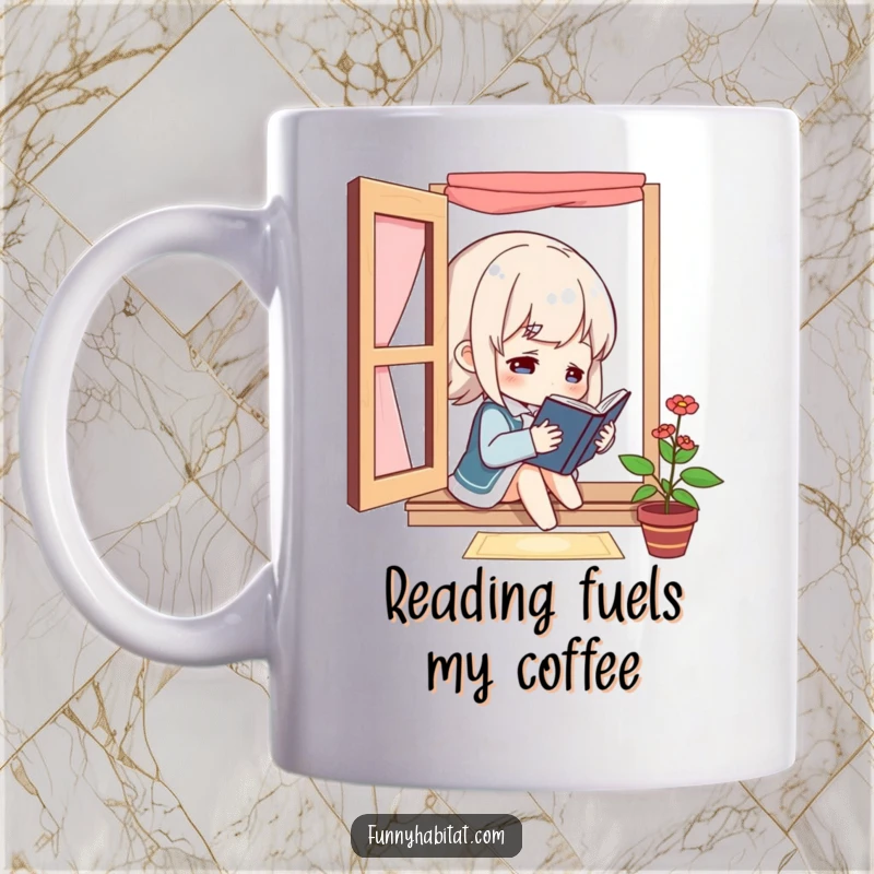 Funny character engrossed in reading a book by a window, symbolizing a love for literature and quiet contemplation with humor.