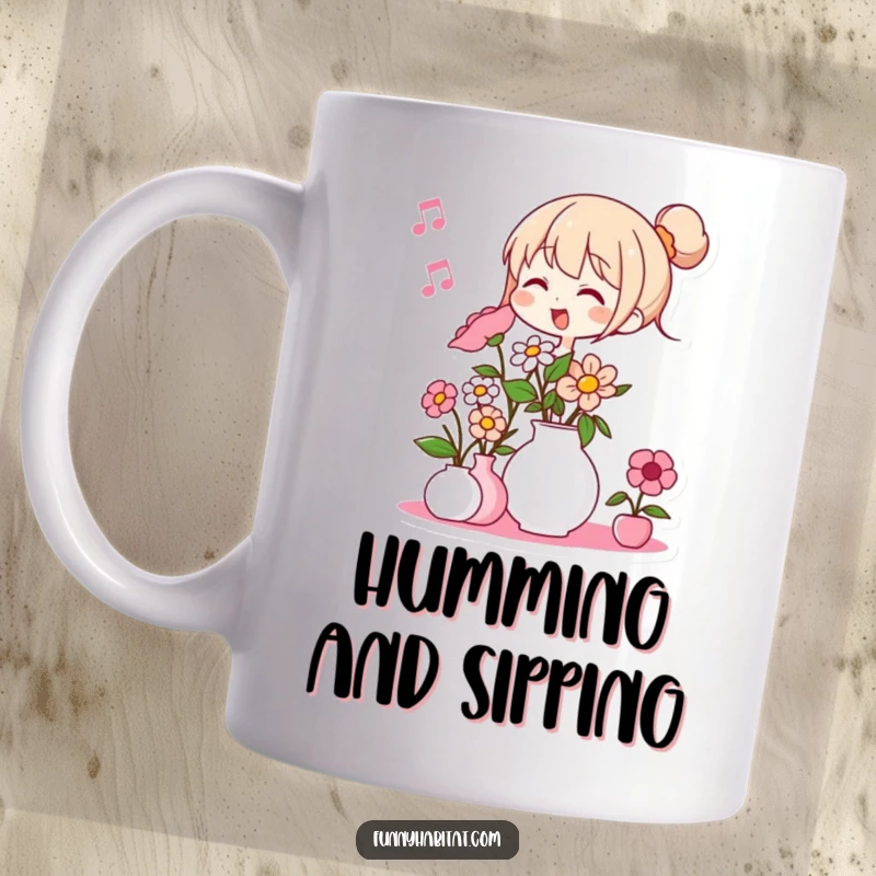 Funny mug of a character humming and arranging flowers in a vase, radiating peaceful joy and artistic flair.