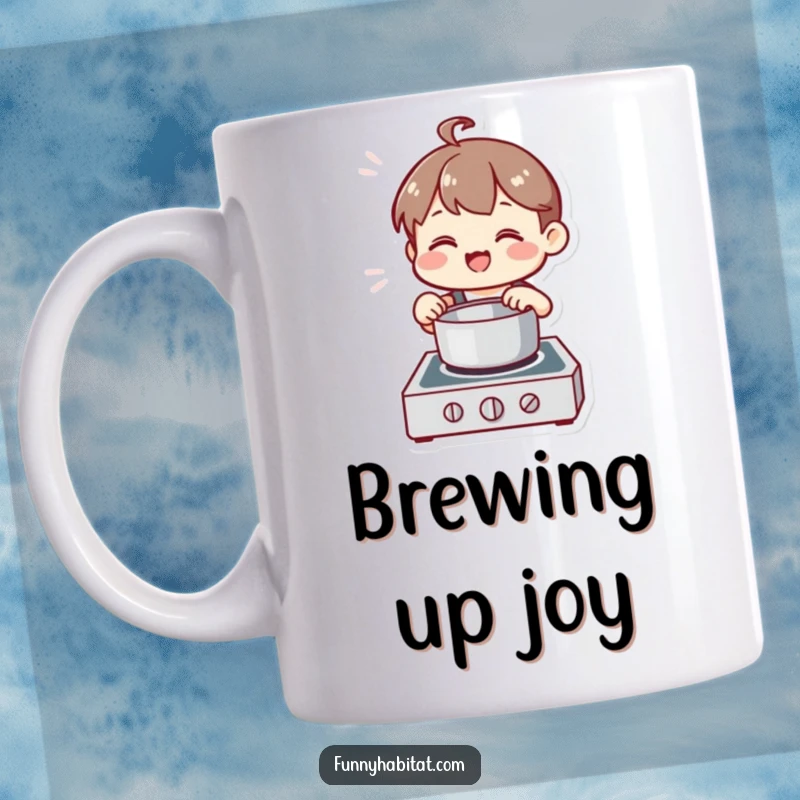 Funny Chef Mug, a character happily stirs a pot on a stove, looking pleased and content.