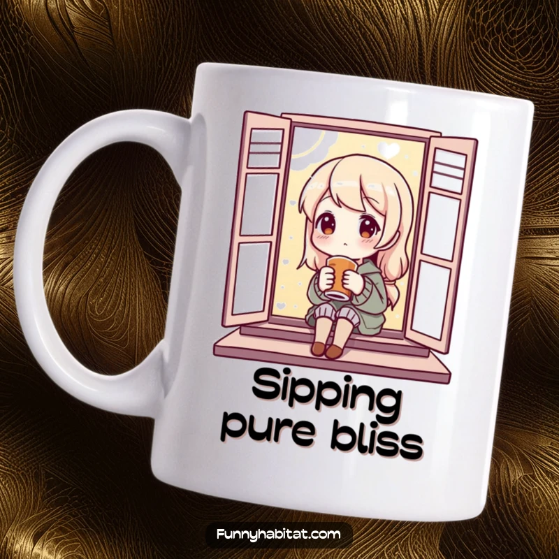 Funny Mug showing a content character peacefully sipping a warm beverage by a window, embodying cozy tranquility and relaxation.