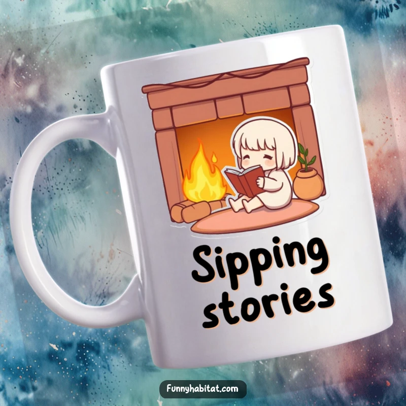 Funny mug featuring a cute character contentedly reading a book by a warm, glowing fireplace, radiating peace.