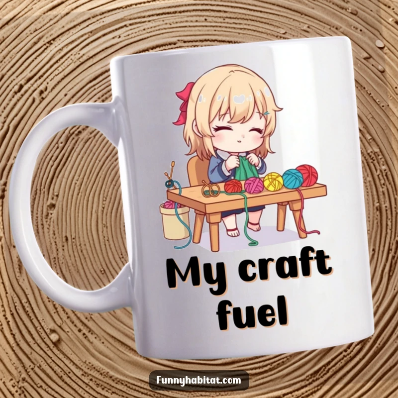 Funny mug showing a diligent character crafting with colorful yarn and needles at a desk, a true artisan.