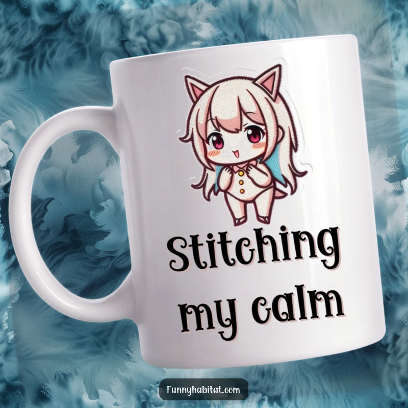 Funny mug depicting a focused character meticulously embroidering a small, detailed design with a needle and thread.