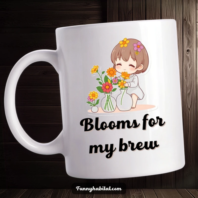 Funny mug with a character happily arranging a vibrant bouquet of colorful flowers in a simple vase.