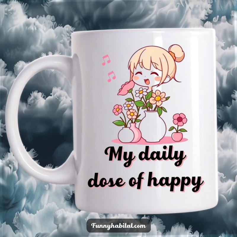 Funny mug with a character humming and arranging vibrant flowers in a vase, showcasing a joyful and peaceful artistic hobby.