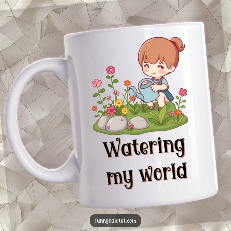 Funny mug with a character happily watering a vibrant, miniature garden, showcasing a love for plants and playful humor.