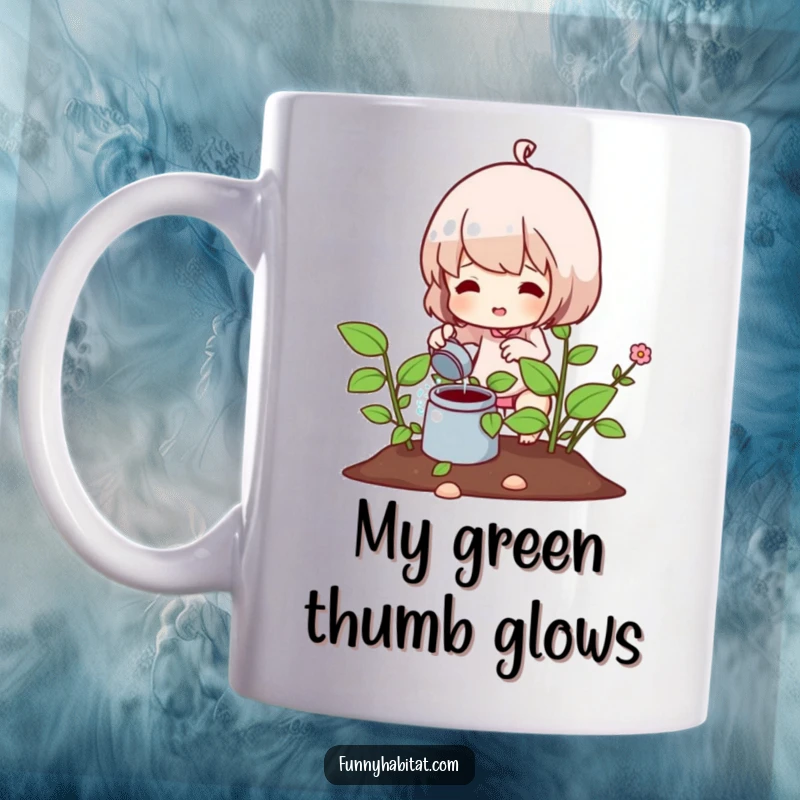 Funny mug showing a joyful character enthusiastically watering a lush, flourishing plant, capturing the joy of gardening.
