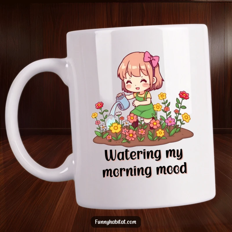 Funny mug showing a character enthusiastically watering blooming flowers, symbolizing joy in gardening and growth.
