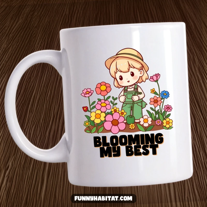 Funny gardening mug showing a cheerful character delightedly watering colorful flowers, radiating pure joy and love for plants.