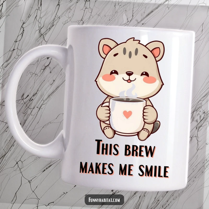 Funny Mug displaying a happy animal character with a wide, cheerful smile, holding a steaming mug full of warmth.
