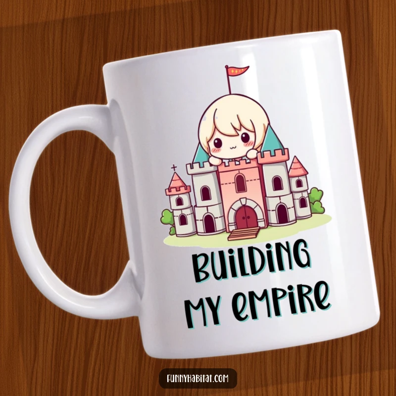 Funny Kawaii Mug, a playful character builds a mini castle with blocks, symbolizing creativity and fun.