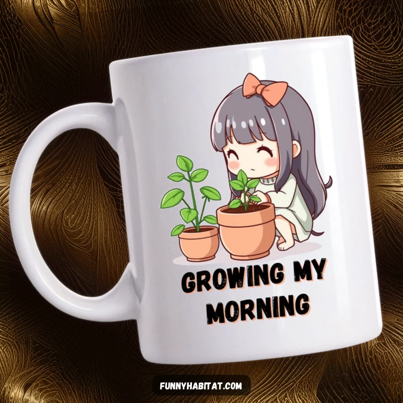 Funny Kawaii Mug, a cute character tends a small flourishing plant in a pot, symbolizing growth and care.