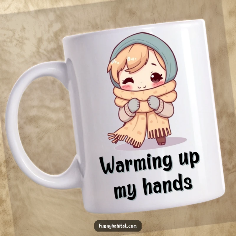 Funny mug with a smiling character happily knitting a very large, cozy scarf, showcasing a peaceful and content crafting hobby.