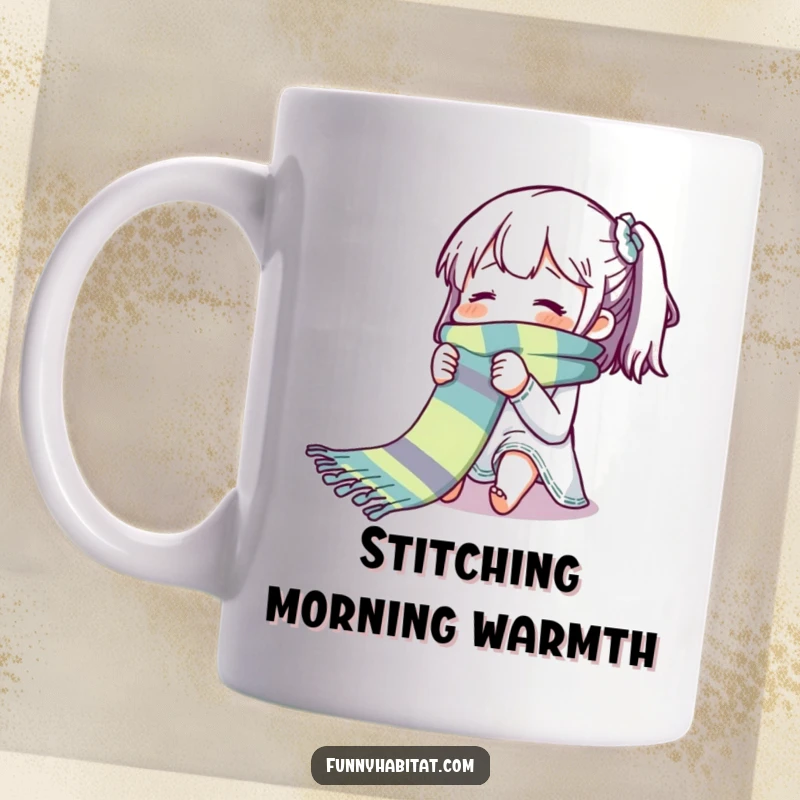 Funny mug with a character blissfully knitting a very long, vibrant, colorful scarf with focused joy.