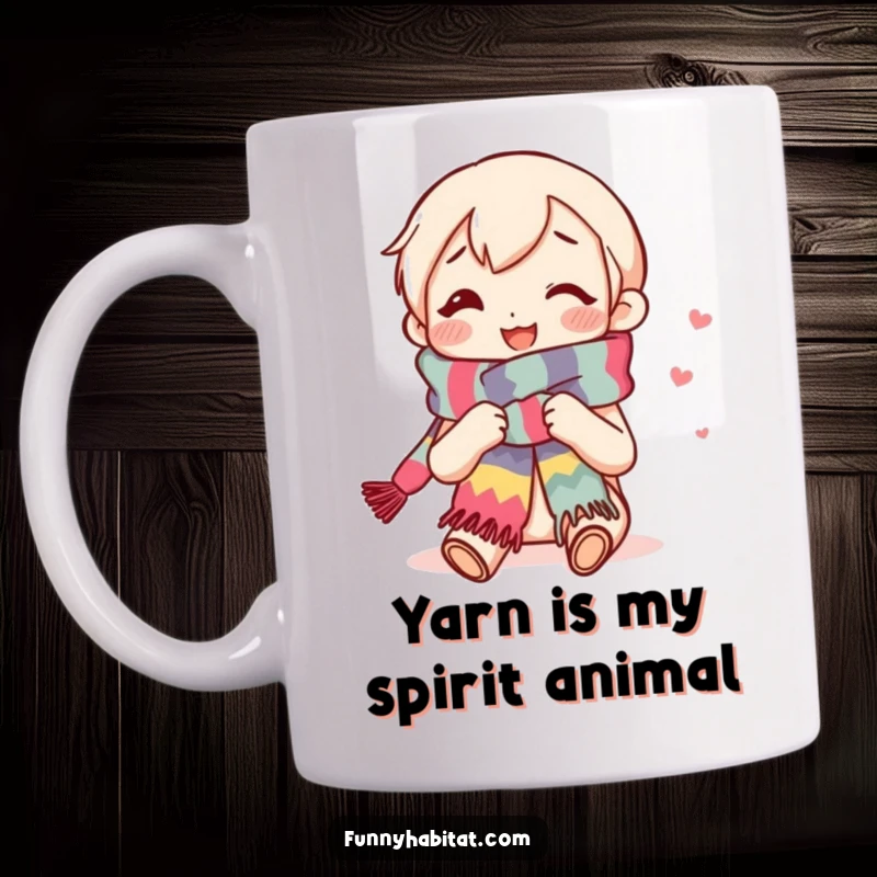 Funny knitting mug showcasing a content character smiling while knitting a vibrant, long scarf with yarn, expressing joy in crafting.