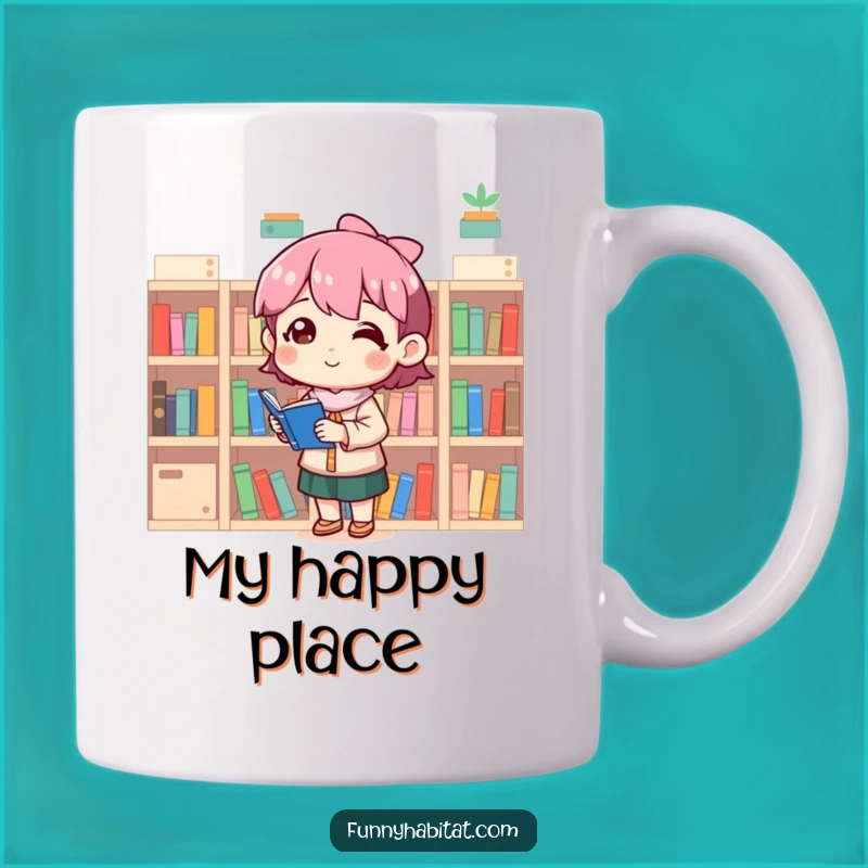 Funny Librarian Mug: Satisfied Organizer Character Reads Tiny Bookshelf Books, Perfect Gift