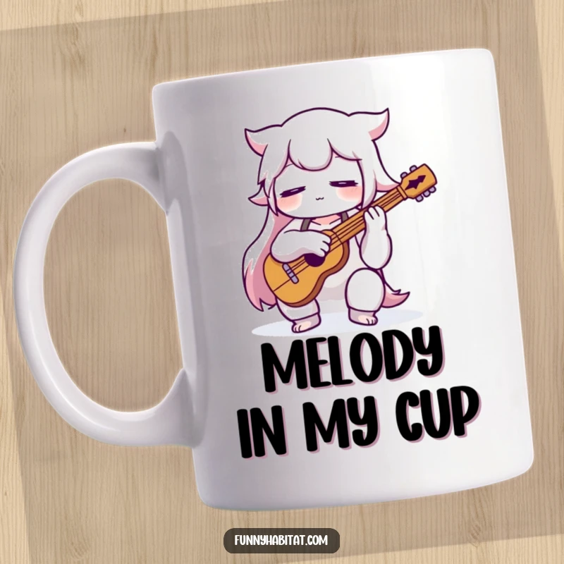 Funny musician mug featuring a character playing an instrument with eyes closed in blissful concentration, celebrating musical passion.