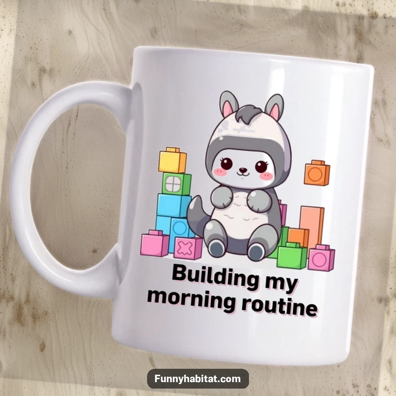 Funny Mug showing a cute animal character meticulously organizing colorful building blocks, embodying neatness and playfulness.