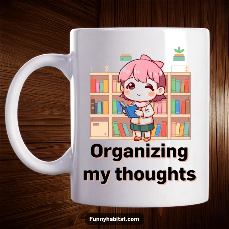 Funny mug with a character organizing tiny bookshelves with a look of deep satisfaction and a proud smile.