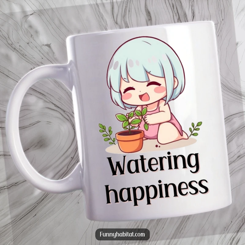 Funny mug featuring a cheerful character happily tending to a small potted plant, symbolizing love for gardening.