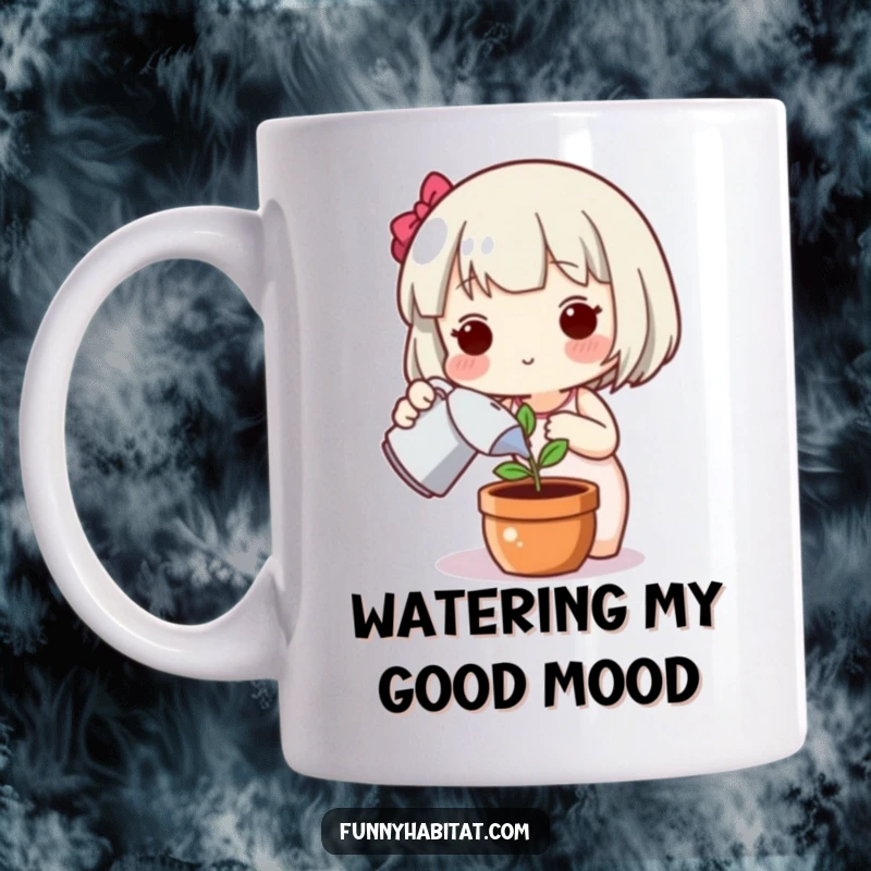 Funny plant lover mug, a cute character happily watering a small potted plant, symbolizing growth, nature, and gentle care.