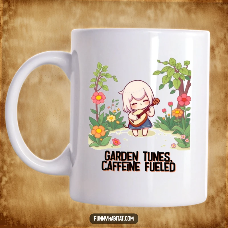 Funny mug with a character joyfully playing a whimsical instrument amidst blooming garden flowers, capturing pure delight.