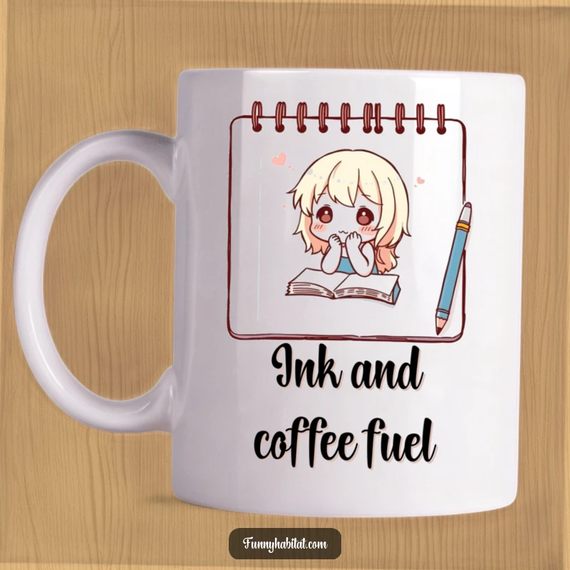 Funny mug showing a thoughtful character with a concentrated expression sketching intently in a notebook.