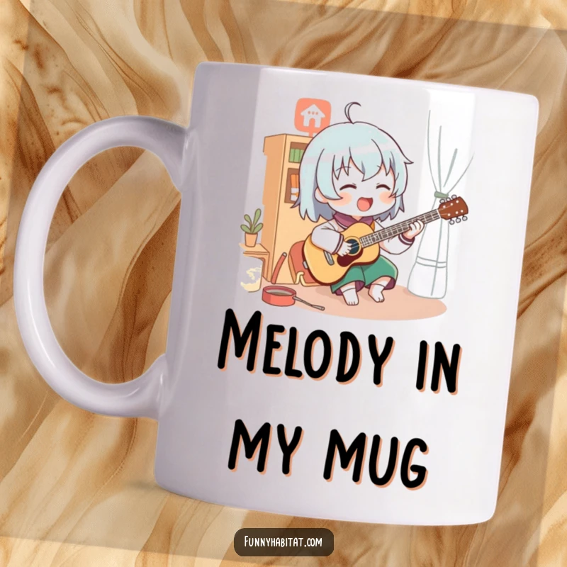 Funny mug with a character enthusiastically playing a musical instrument, surrounded by the cozy ambiance of a warm room.