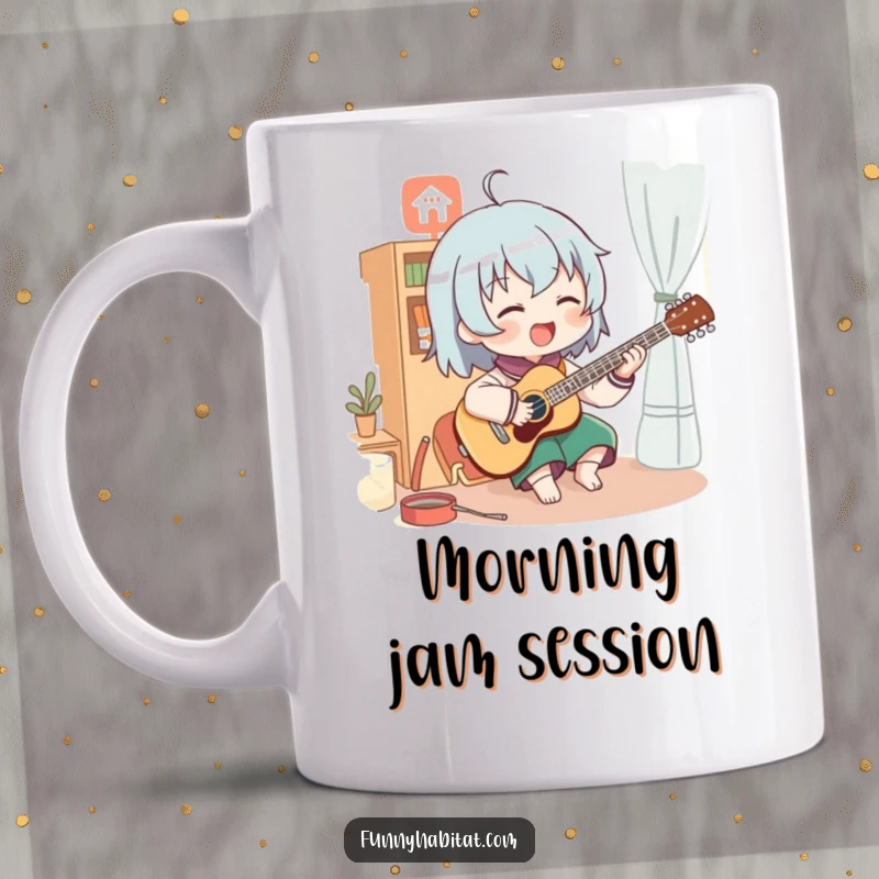 Funny mug of a character enthusiastically playing a musical instrument in a cozy room, radiating passion and joy.
