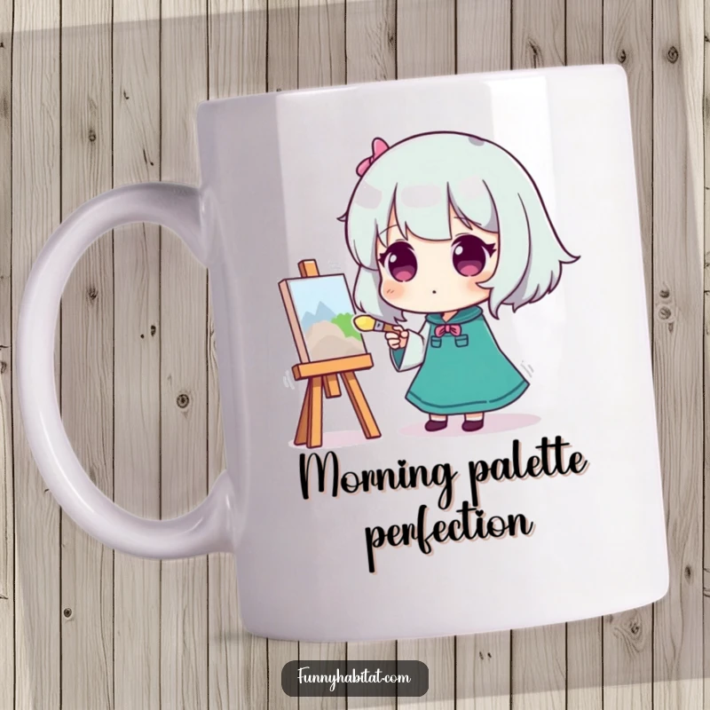 Funny mug with a character focused on painting a small canvas, brush in hand, embodying creative concentration and humor.