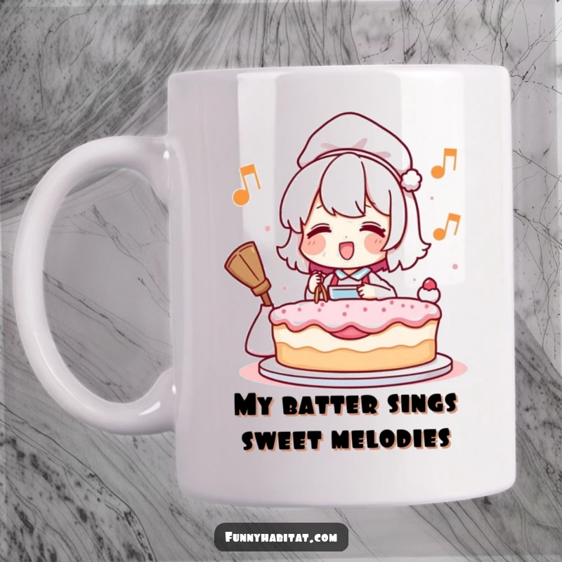 Funny mug with a stylized character happily humming and baking a delicious cake, radiating pure joy and culinary bliss.
