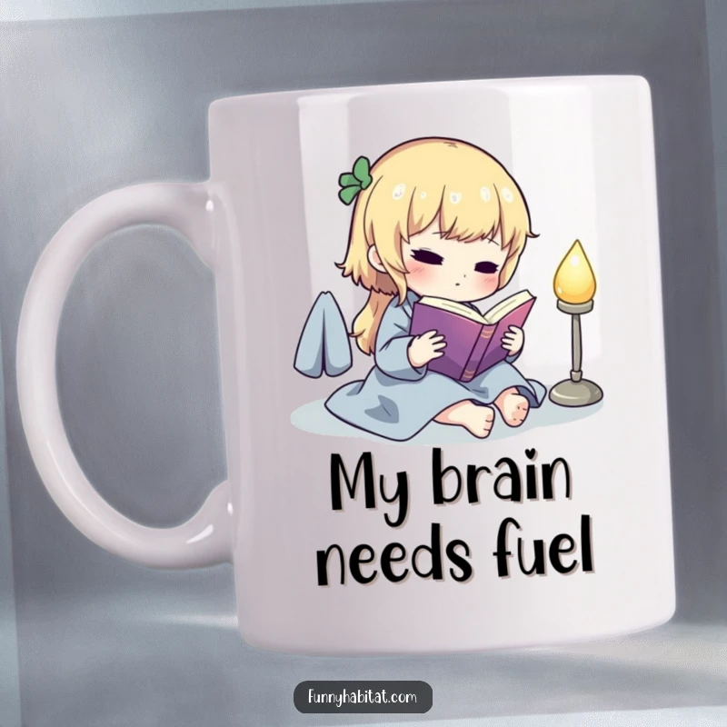 Funny mug with a cute character engrossed in a book, illuminated by a soft, glowing lamp, perfect for cozy reading sessions.